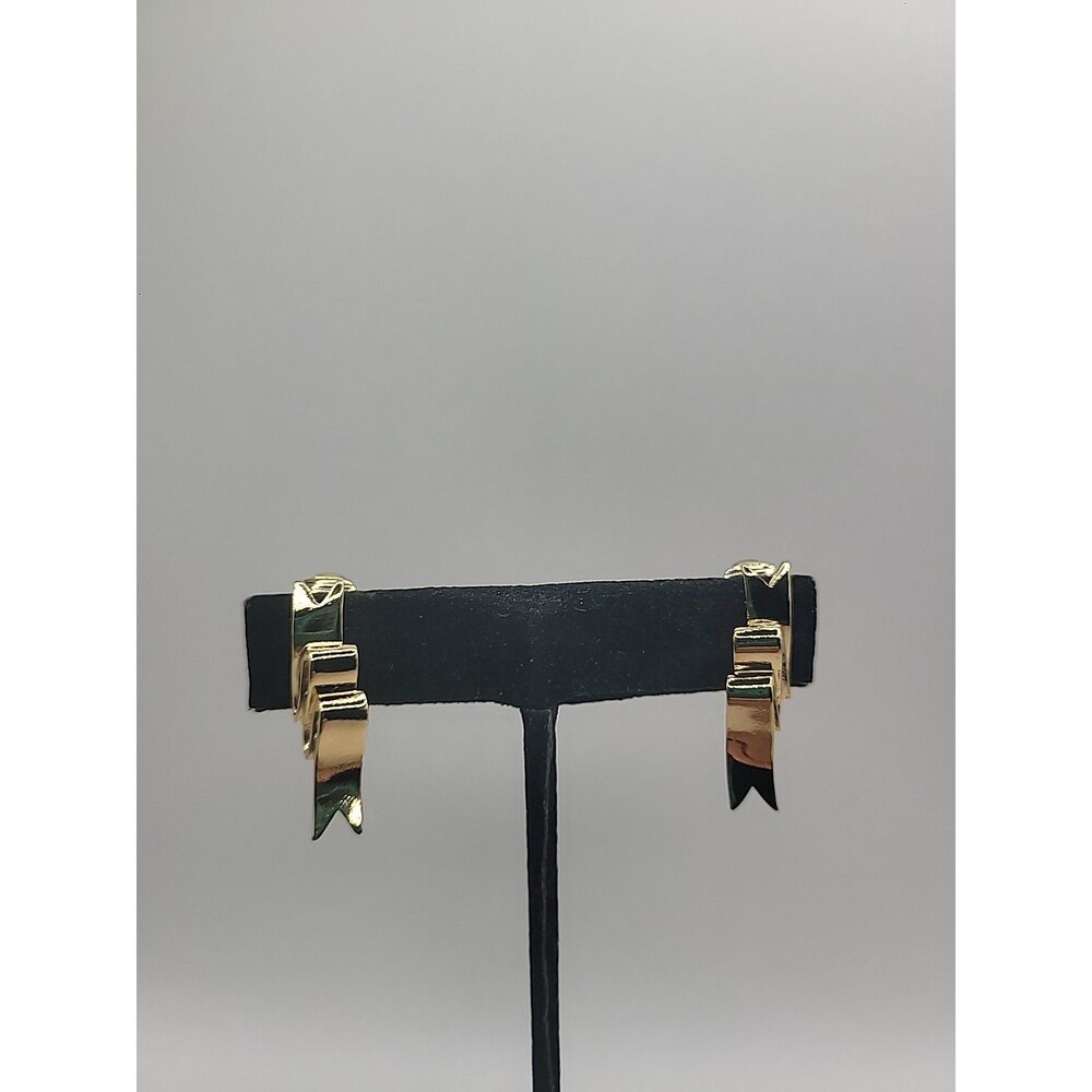 Vintage Gold Tone Ribbon Clip On Earrings Statement Jewelry